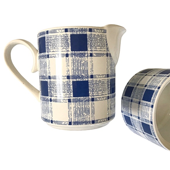 Vintage MCM Stoneware Cream & Sugar Set Japan Blue Plaid - Picture 6 of 7
